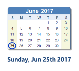 June 25, 2017 calendar