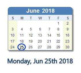 June 25, 2018 calendar