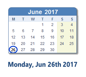 June 26, 2017 calendar