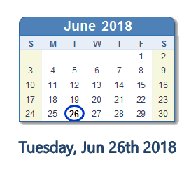 June 26, 2018 calendar