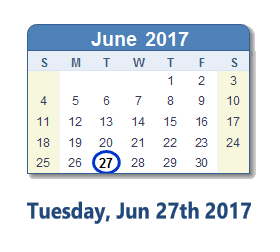 June 27, 2017 calendar
