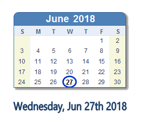 June 27, 2018 calendar