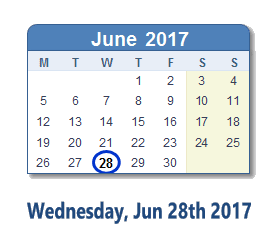 June 28, 2017 calendar