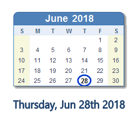 June 28, 2018 calendar