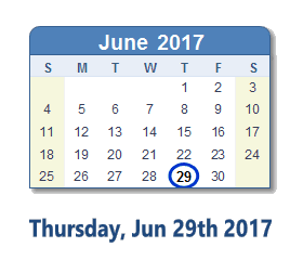 June 29, 2017 calendar