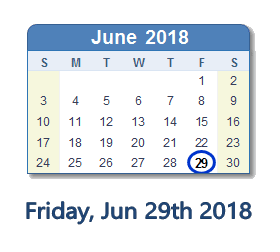 June 29, 2018 calendar