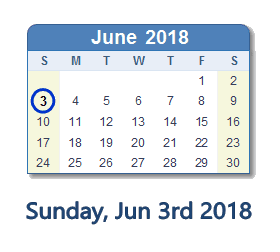 June 3, 2018 calendar
