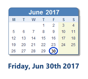 June 30, 2017 calendar