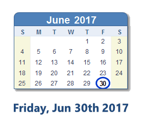 June 30, 2017 calendar