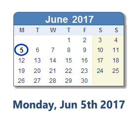 June 5, 2017 calendar