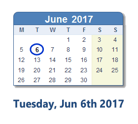 June 6, 2017 calendar