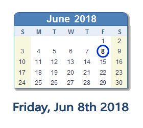 June 8, 2018 calendar