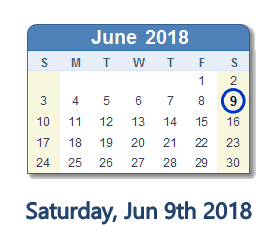 June 9, 2018 calendar