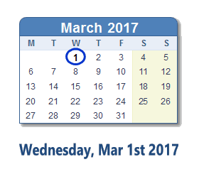 March 1, 2017 calendar