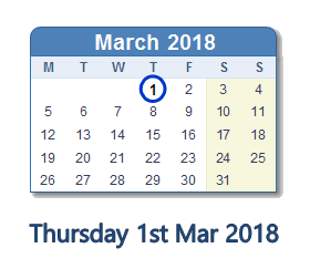 March 1, 2018 calendar