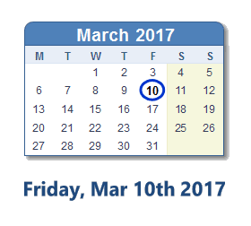 March 10, 2017 calendar