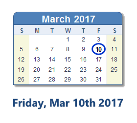 March 10, 2017 calendar