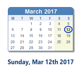 March 12, 2017 calendar