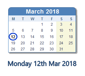 March 12, 2018 calendar
