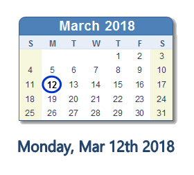 March 12, 2018 calendar