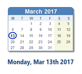 March 13, 2017 calendar