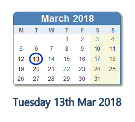March 13, 2018 calendar