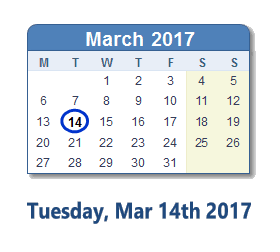 March 14, 2017 calendar