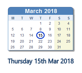 March 15, 2018 calendar