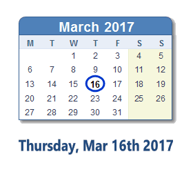 March 16, 2017 calendar