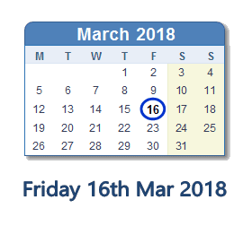 March 16, 2018 calendar