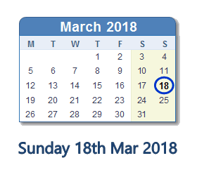 March 18, 2018 calendar