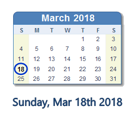 March 18, 2018 calendar