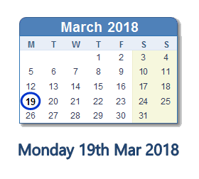 March 19, 2018 calendar