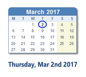 March 2, 2017 calendar