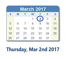 March 2, 2017 calendar