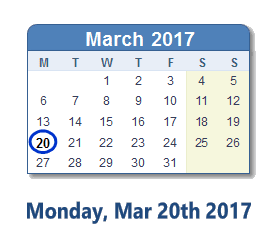 March 20, 2017 calendar