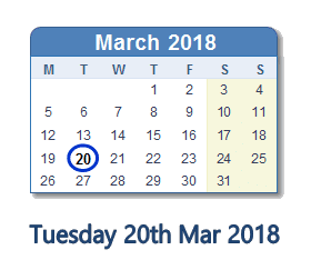 March 20, 2018 calendar