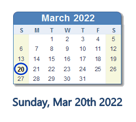 March 20, 2022 Calendar With Holidays & Count Down - Usa
