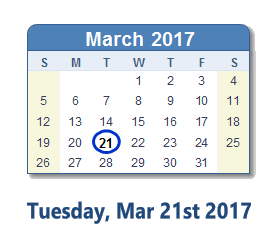 March 21, 2017 calendar