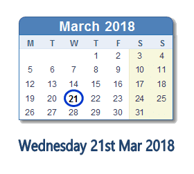 March 21, 2018 calendar
