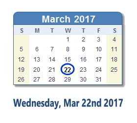 March 22, 2017 calendar