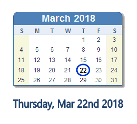 March 22, 2018 calendar