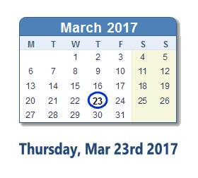 March 23, 2017 calendar