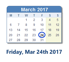 March 24, 2017 calendar