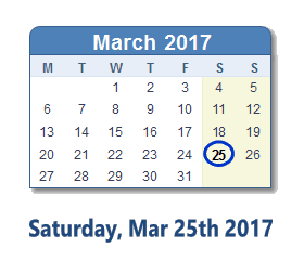 March 25, 2017 calendar