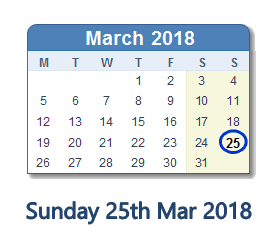 March 25, 2018 calendar