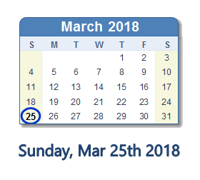 March 25, 2018 calendar