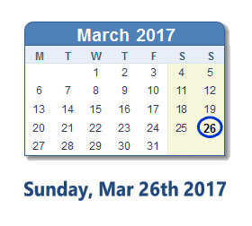 March 26, 2017 calendar