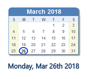 March 26, 2018 calendar