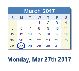 March 27, 2017 calendar